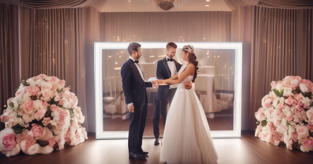 Goście weselni robią sobie zabawne zdjęcia w klasycznej fotobudce.